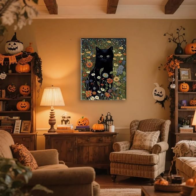 Gothic Black Cat Wall Art - Framed Canvas Print of Mystic Garden, Dark Academia Decor, Witchy Bathroom & Bedroom Art, Memorial Gift for Cat Lovers, 11.5x15 Inch