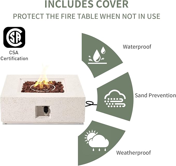 COSIEST Outdoor Propane Fire Pit Coffee Table w Square Faux Stone 35-inch Base, 50,000 BTU Stainless Steel Burner, Free Lava Rocks and Rain Cover