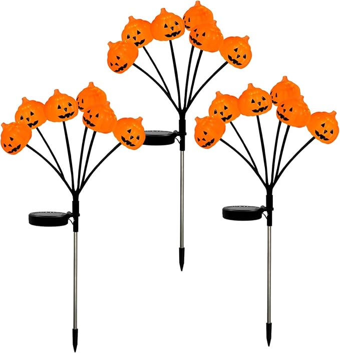 Set of 3 Halloween Pumpkin Lights Outdoor Solar Pathway Lights with 18 Cool White LEDs for Garden Yard Lawn Patio Decorations