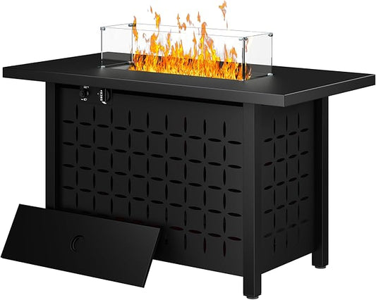 JAMFLY Propane Fire Pit Table, 43'' Gas Fire Pits Table for Outside, 2 in 1 Propane Fire Pit 50,000 BTU with Lava Rocks, Glass Wind Guard, Waterproof Cover and Lid