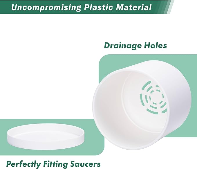 D'vine Dev 4 Pack 6 Inch Modern Plastic Plant Pots, Small Garden Planters for Plant with Drainage Holes and Saucers, White Color, 74-Z-J-2