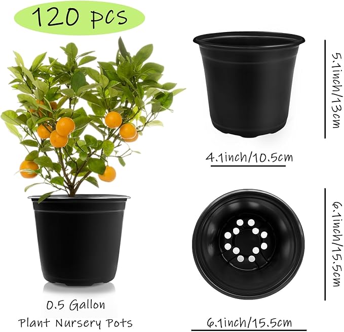 Anyumocz 120Pcs 0.5 Gallon Plant Nursery Pots,Plastic Pots with Drainage Holes,Garden Flower Container Seedling Pot for Planting,Transplanting,Succulents,Cuttings(Black)