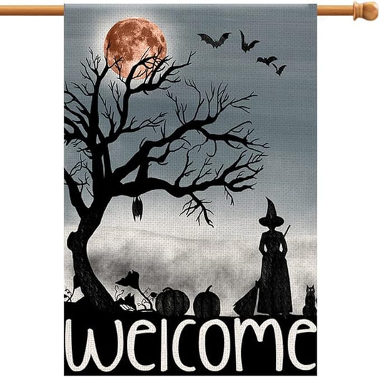 Welcome Halloween House Flag 28x40 Inch Double Sided Burlap Large Witch Pumpkin Flag Outside Porch Decor Halloween Yard Decoration DF110-28