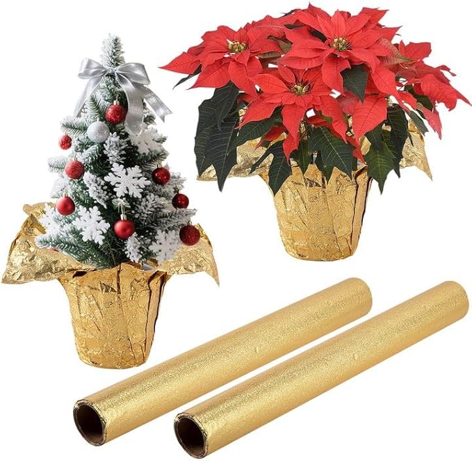 Adnee 2 Roll 10 Yard Floral Foil Plant Pot Covers,Matte Texture Christmas Plant Pot Foil,Golden Floral Pot Wrapping Paper for Christmas Home Flower Pot DIY decor