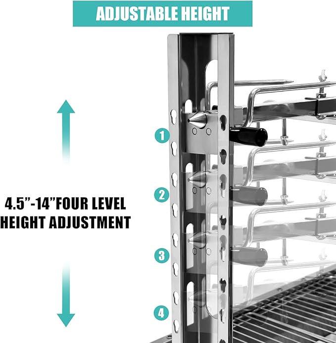 Rotisserie Grill Charcoal Spit Roaster, Stainless Steel 37" Pig Lamb Hooded Roaster Charcoal Spit With 25W Motor & Adjustable Height Lockable Casters For Party Barbecue,132 LBS Without Baffle