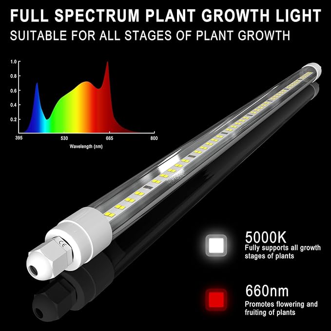 CusomikT8 T5 LED Grow Light Strips 2ft 60W(6x10W, 500W Equivalent) Full Spectrum, IP65 Waterproof Indoor Outdoor Plant Grow Lights for Greenhouse Shelves Wired Timing Switch, Plug Play 6-Pack