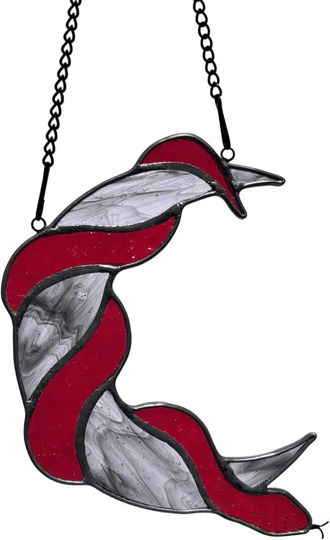 Stained Glass Red Snake on Moon Decor Window Hangings Ornament, Gothic Snake Suncatcher Halloween Decorations, Handmade Stained Glass Gifts Sun Catchers Indoor Window Home Decor.