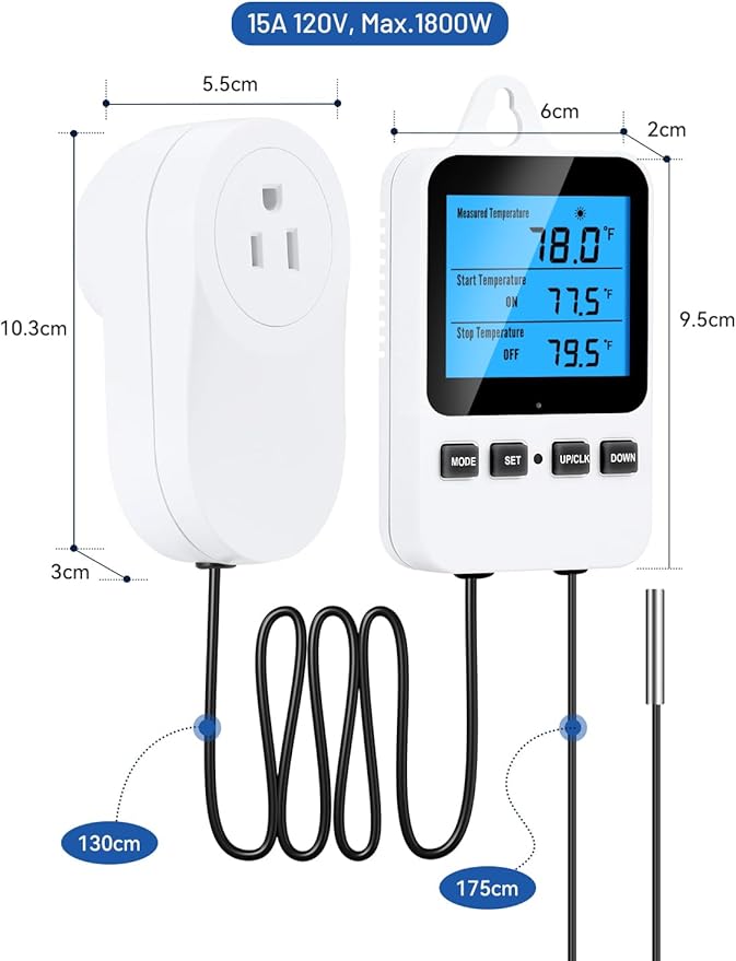 INKBIRDPLUS Plug in Thermostat, Separate Thermostat Outlet for Heater with 8.8 Ft Power Cord, for Reptile Greenhouse Homebrew Aquarium Seedling Mat, Heating or Cooling Mode Thermometer Controller
