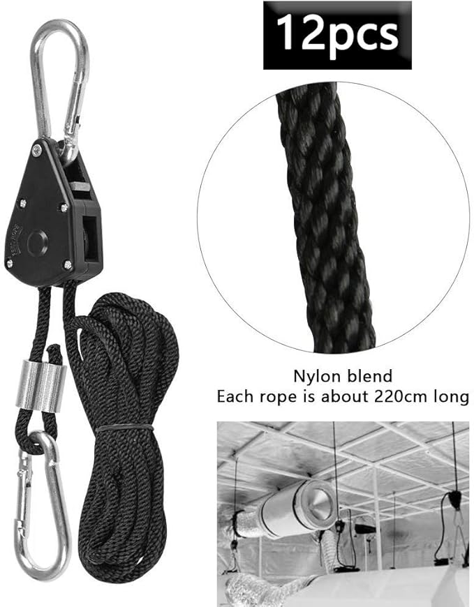 6 Pairs 1/8" Heavy Duty Ratchet Hangers, Adjustable Rope Hangers, Grow Light Rope Hangers for Grow Plant Fan Filter Light Room Equipment, 150 LB Capacity per Pair