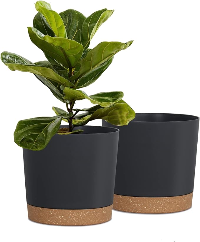 kubvici Plant Pots for Indoor Plants, 2 Pack 8 Inch Plastic Flower Pot Planters with Drainage Saucer for Indoor Outdoor Garden Home (8” Black)
