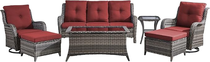 Wicker Rattan Patio Furniture Set - 7 Pieces Outdoor Couch with Swivel Chairs, Ottomans and Coffee Table for Deck, Poolside, Backyard - Grey/Red