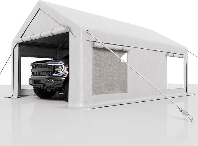 13 x 25FT Heavy Duty Carport with Roll-Up Windows, Portable Garage with Removable Sidewalls & Doors, Portable Car Tent Garage with Roll-Up Windows and All-Season Tarp, for Car, Truck,