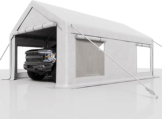 13 x 25FT Heavy Duty Carport with Roll-Up Windows, Portable Garage with Removable Sidewalls & Doors, Portable Car Tent Garage with Roll-Up Windows and All-Season Tarp, for Car, Truck,