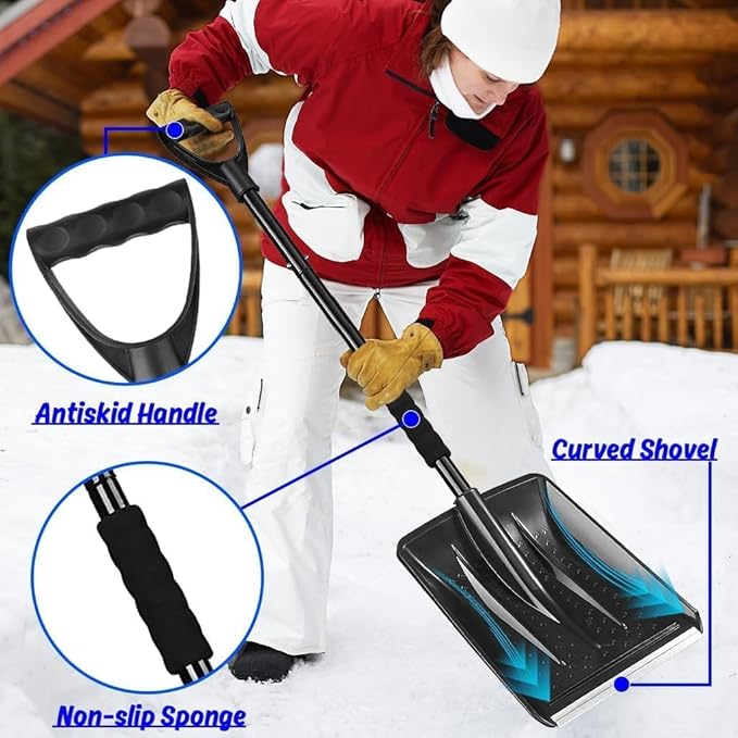Snow Shovel for Car & Driveway, Upgraded 42.5" Lightweight Aluminum Alloy Shovel, Portable Foldable Snow Shovel for Emergency, Garden, Snow Removal, Heavy Duty Ice Shovel with Ergonomic Handle (Black)