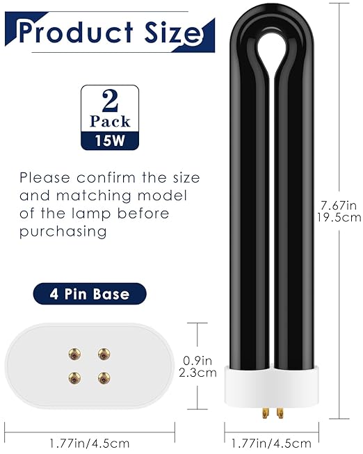 PACETAP 2Pack FUL15W BL Replacement Bulbs with 4 Pin Base, Indoor Outdoor 15W U Shape Lamp Tube Compatible with T6 T8 T9(Black)