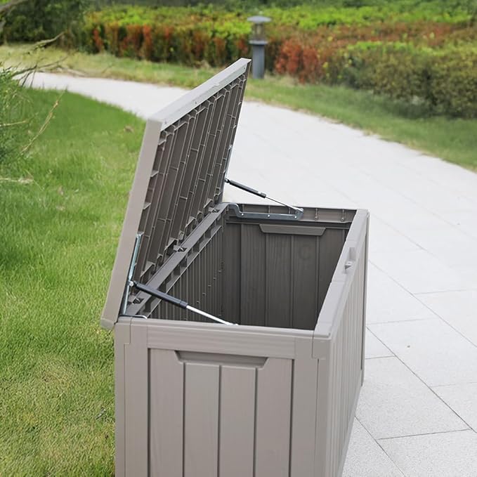 BTEXPERT 80 Gallon Deck Box Outdoor Storage Container with Steel Insert for Patio Furniture Garden Tools Cushions Pool Supplies Sports Equipment Waterproof Lockable UV Resistant Resin