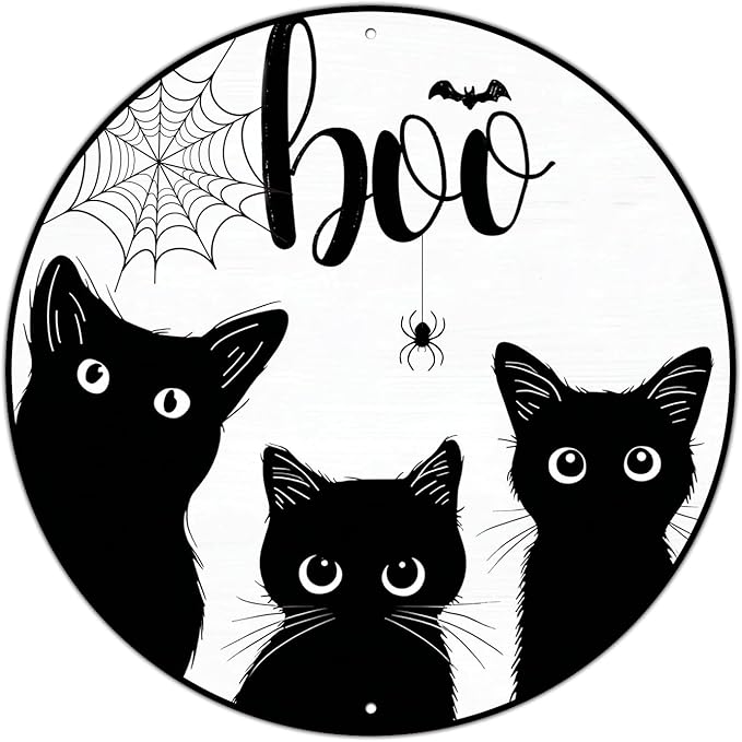 PEACHGARDEN Black Cat Halloween Metal Tin Sign Vintage Gothic Decor Boo Plaque Spooky Wall Art Retro Iron Painting for Home Porch Bar 8x8inch