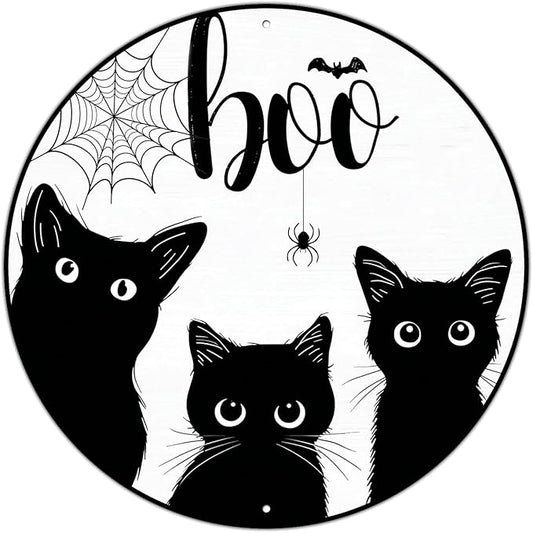 PEACHGARDEN Black Cat Halloween Metal Tin Sign Vintage Gothic Decor Boo Plaque Spooky Wall Art Retro Iron Painting for Home Porch Bar 8x8inch
