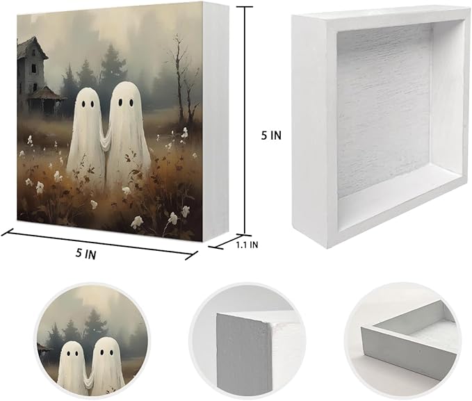 Mtrgdn Cute Halloween Decor,Halloween Decorations Indoor,Spooky Ghost Desk Decor Wooden Box Sign,Halloween Home Office Kitchen Bathroom Bedroom Coffee Bar Table Shelf Wall Decorations,5x5 Inch