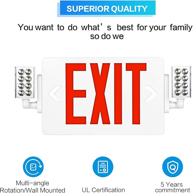 SPCETSUN 4 Packs Red Exit Sign with Emergency Lights,LED Emergency Exit Light with Battery Backup,UL Listed, AC 120/277V,Double Face Commercial Emergency Exit Light Combo for Business.