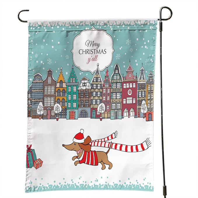 Merry Christmas Dachshund Garden Flag Christmas Card European Houses Dog Outdoor Garden Flag 12X18 Inches Double Sided Seasonal Garden Flags Kids Christmas Flag