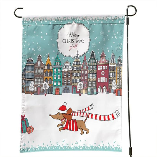 Merry Christmas Dachshund Garden Flag Christmas Card European Houses Dog Outdoor Garden Flag 12X18 Inches Double Sided Seasonal Garden Flags Kids Christmas Flag