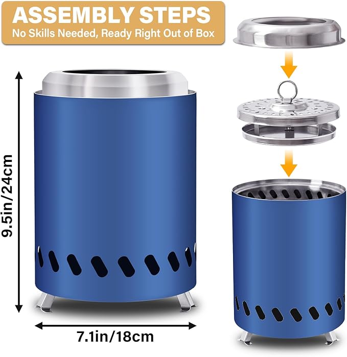 HGD 9.6 x 7.1 in Small Tabletop Fire Pit, Portable Mini Smokeless Table Top Firepit, Low Smoke Camping Stove for Outdoor & Patio, Fueled by Pellets or Wood, with Travel Bag, Stainless Steel, Blue
