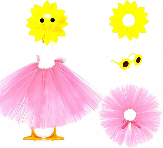 3 Pcs Pink Tulle Skirt Porch Goose Outfits,Cute Goose Outfit, Sunflower Headpiece Glasses TulleSkirt for 17" Lawn Goose Garden Yard Patio Garden Goose Statue and Christmas & Halloween