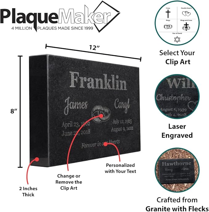 PlaqueMaker Black Granite Memorial Headstone for Two Lost Loved - Great for Your Garden, Tree Dedication, or in a Cemetery. Includes Your Text and Select Clipart (12 x 8 x 2)