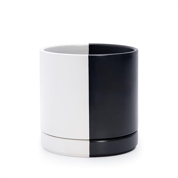 D'vine Dev 6.5 Inch Ceramic Planter Pot with Drainage Hole and Saucer, Indoor Cylinder Round Planter Pot, Split Monochrome Black & White, 94-O-C-0