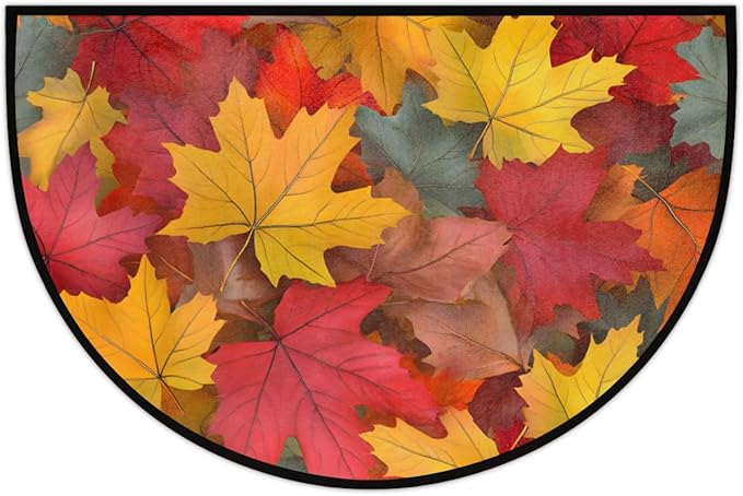 cfpolar Fall Non-Slip Soft Half Round Door Mat, Autumn Bright Maple Leaves Semicircle Mat for Indoor Entrance Garage Bath Living Room Patio 24 x 36 in