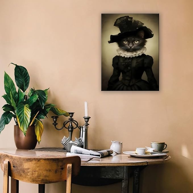 Jatinoo Gothic Black Lady Cat Wall Art - Dark Academia Framed Canvas Print for Witchy Home, Goth Bathroom & Office Decor, Vintage Halloween Cat Lover Gift (11.5x15 Inch)