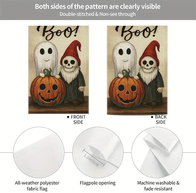Halloween Garden Flag 12x18 Inch Double Sided Ghost Pumpkin Skeleton Yard flag Outdoor Holiday Party Porch Decor for Patio Lawn Garden Home Decoration