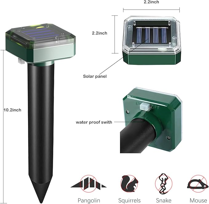 Mole Repellent 10-Pack Solar Powered, Ultrasonic Mole Repellent Outdoor, Patio, Garden, Yard, Animal Repeller Deterrent Vole Snake Gopher Chipmunk Rodent Mice, 7500sq ft Coverage