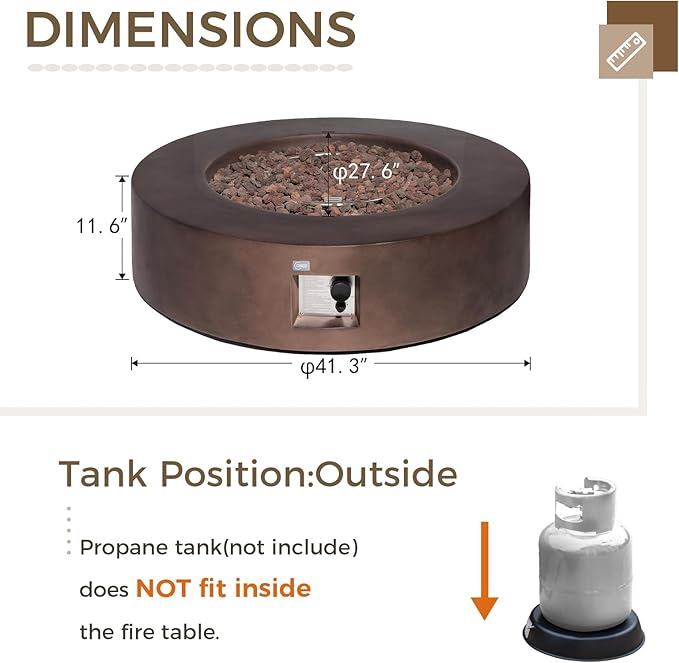 SUNBURY Outdoor 42-Inch Propane Fire Pit,CSA Certified,Dark Brown Concrete Patio Fire Table 50,000 BTU w Waterproof Cover, Lava Rocks