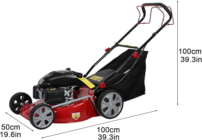 20-Inch Self Propelled Gas Lawn Mower with 141CC 4-Cycle Engine | 7-Position Height Adjustment (9.85-29.55 inches) Push Lawn Mower with 50L Grass Tank, Big Wheels ﻿ Red