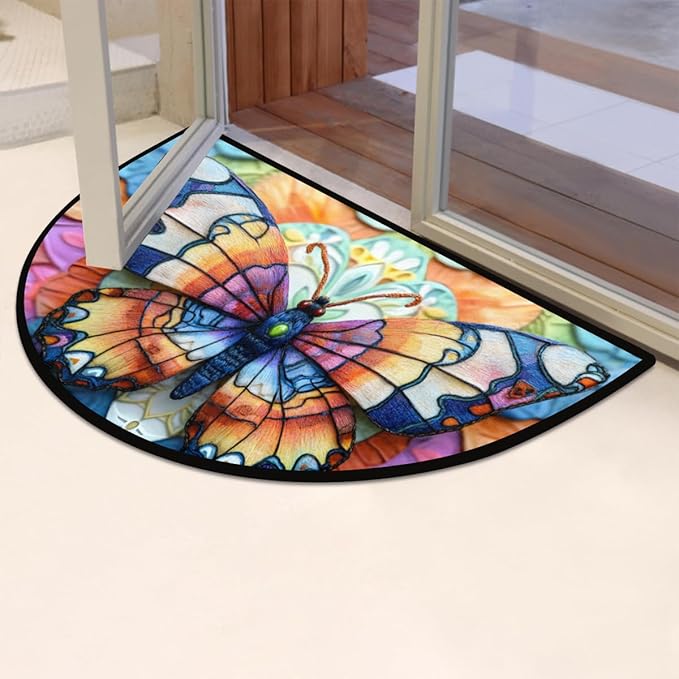 cfpolar Non-Slip Soft Half Round Door Mat, Color Butterfly Semicircle Mat for Indoor Entrance Garage Bath Living Room Patio 24 x 36 in