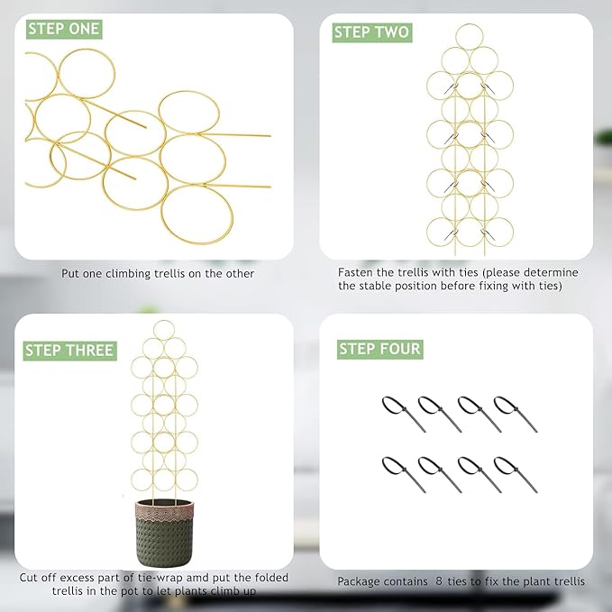 4 Pack Plant Trellis Indoor 15.7 Inch for climbing plants indoor Small Garden Trellis for Potted Plant Support Metal Wire Stackable Trellis Houseplant for Monstera Vines Lvy Pothos Accessories(4 gold)