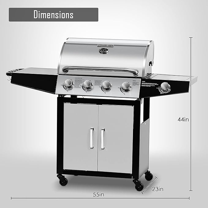 MASTER COOK 4 Burners Gas Grill, 52,000 BTU Cabinet Grill, Propane Grill, with Side Burner, Built with Stainless Steel, Silver&Black