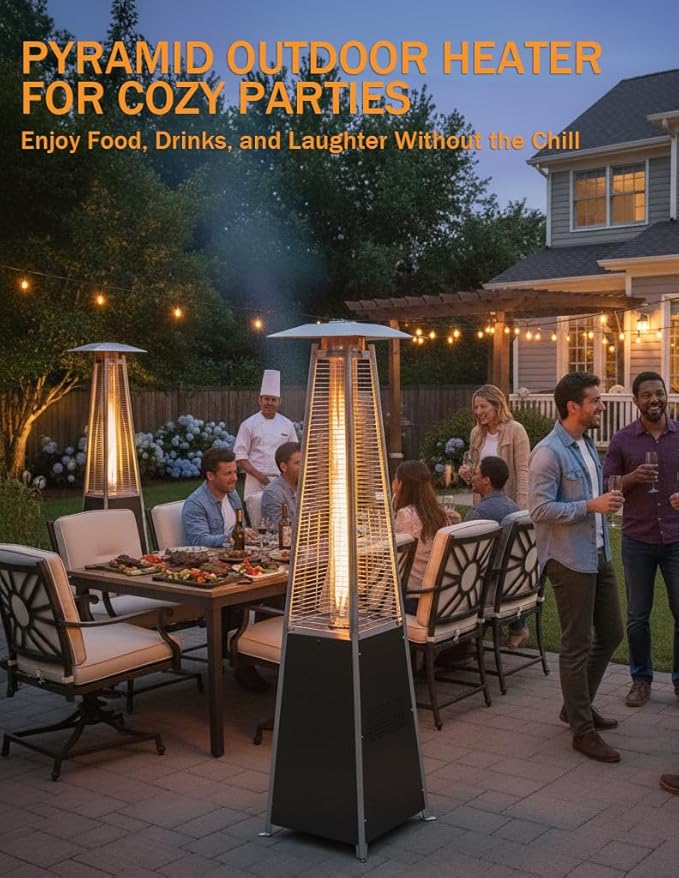 Pyramid Patio Heater, 48000 BTU Fast Heating Outdoor Heater for Large Spaces with Wheels & Weatherproof Cover, Triple Protection System for Restaurant Patios, Rooftop Bar, Event Spaces