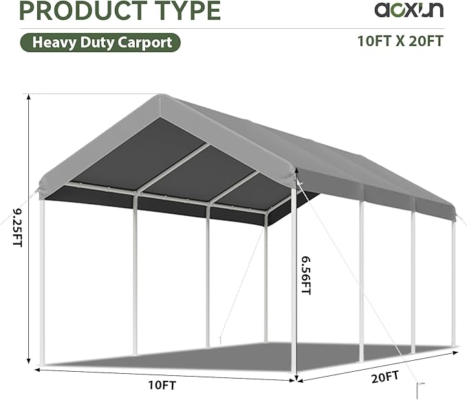Aoxun 10x20 ft Heavy Duty Carport with Tarp & Wind Resistance Portable Carport Car Tent Outdoor Car Port with Tear Resistant Canopy, No Sidewall - Gray