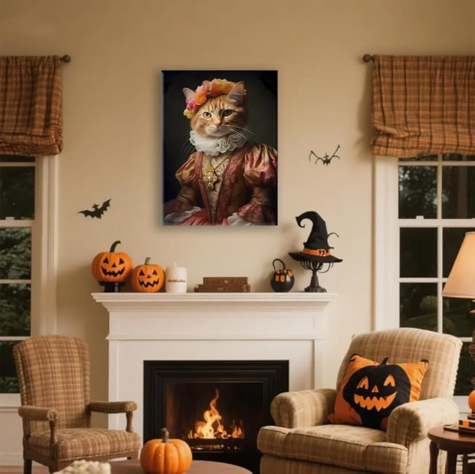 Jatinoo Orange Cat Gothic Wall Art - 11.5x15 inch Framed Canvas Print, Witchy Dark Academia Vintage Home Decor for Halloween, Moody Aesthetic Room Poster for Cat Lovers