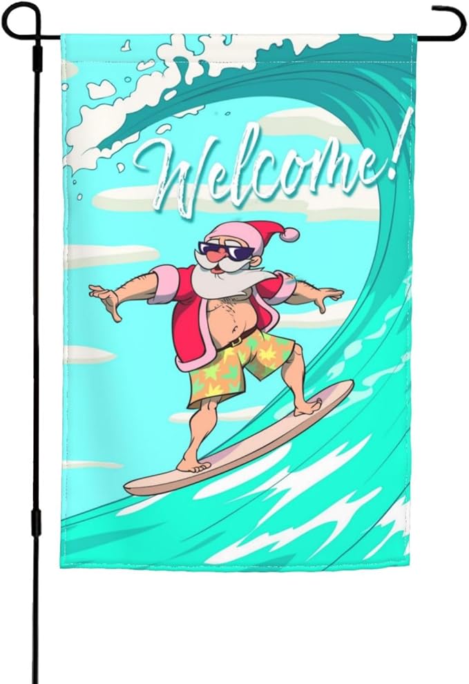 Christmas Santa Claus Hawaii Surfing Beach Garden Flag Welcome Party Outdoor Outside Decorations Picks Home House Garden Yard Decor 12x18 Inch