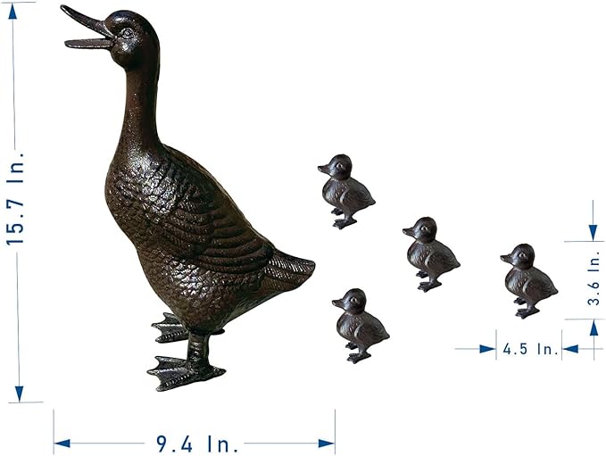 Vintage Cast Iron Duck Family Garden Statue, Rust Brown Mother Duck（15.7" Tall） with 4 Ducklings（3.6" Tall）, Outdoor Decorative Sculpture Set for Yard Patio HC5387-6905