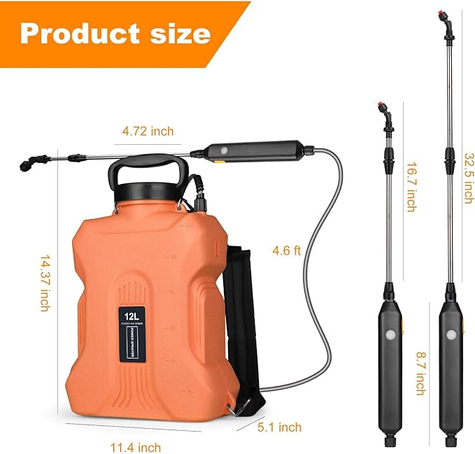 Battery Powered Sprayer 2.1 Gallon, Backpack Sprayer with Retractable Wand & 3 Mist Nozzles & USB Rechargeable Handle, Water Spray Pump Sprayers for Planting Lawn Yard Garden (Orange, 3.2 Gallon)