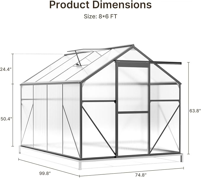 Gizoon 8x6 FT Outdoor Greenhouse, Quick Setup Polycarbonate Greenhouse with Adjustable Roof Vent and Sliding Door, Aluminum Walk-in Greenhouses for Outside Backyard Gardening (Black, 8x6FT)