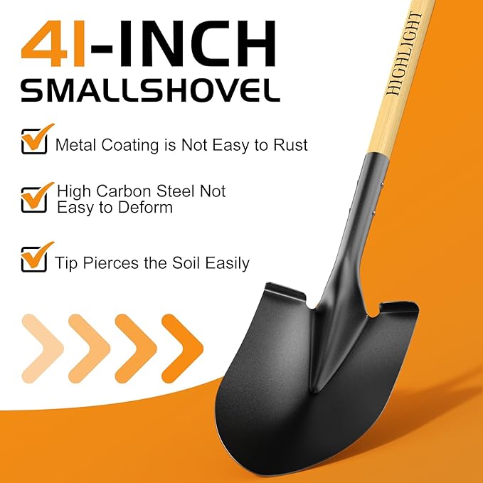 HIGHLIGHT Spade, Heavy Duty Gardening Shovel, Garden Shovel 41 inch for Digging, Round Shovel with D-Handle, for Garden,Beach, Snow, Fiberglass Handel, Wood