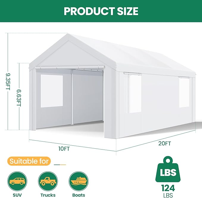 COBIZI Carports 10x20 Heavy Duty Car Canopy Garage with Removable Sidewalls & Doors, Galvanized Frame Portable Carport Canopy with Built-in Sandbags & All-Season Tarp for Car Boat Truck, White