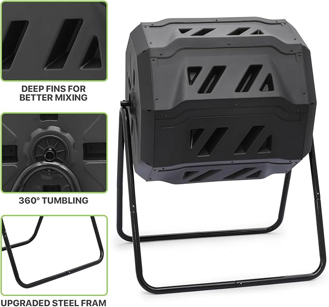 Magshion 43 Gal Chamber Compost Tumbler Outdoor Tumbling Composting Bins High Volume Garden Composter w/Dual Chamber Sliding Doors for Gardening, Black Sliding Doors