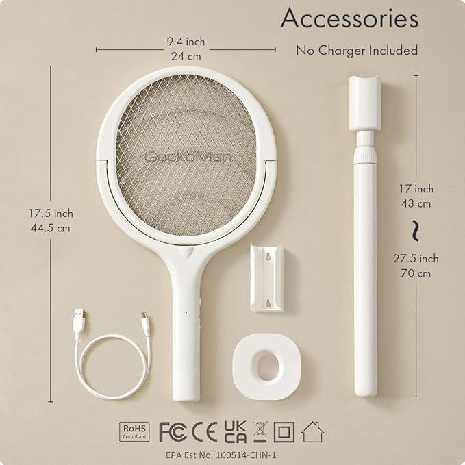 2-Pack GeckoMan Rotating Head Electric Fly Swatter Racket Rechargeable Bug Zapper Racket Bug Zapper Indoor Fly Zapper Mosquito Zapper Flies Killer for Indoors, with 2 Telescopic Extensions